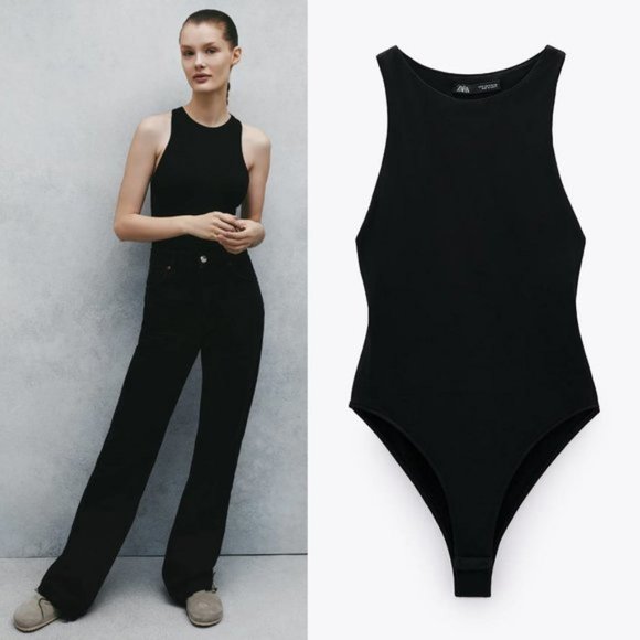 Zara Halter Bodysuit Top M High Neck Snap Buttons Sleeveless Black Blogger's Fav - Picture 2 of 16